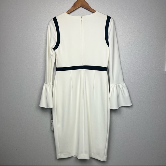 NEW Calvin Klein Cream White Bell Sleeve Sheath Dress with Black Piping - Picture 5 of 11